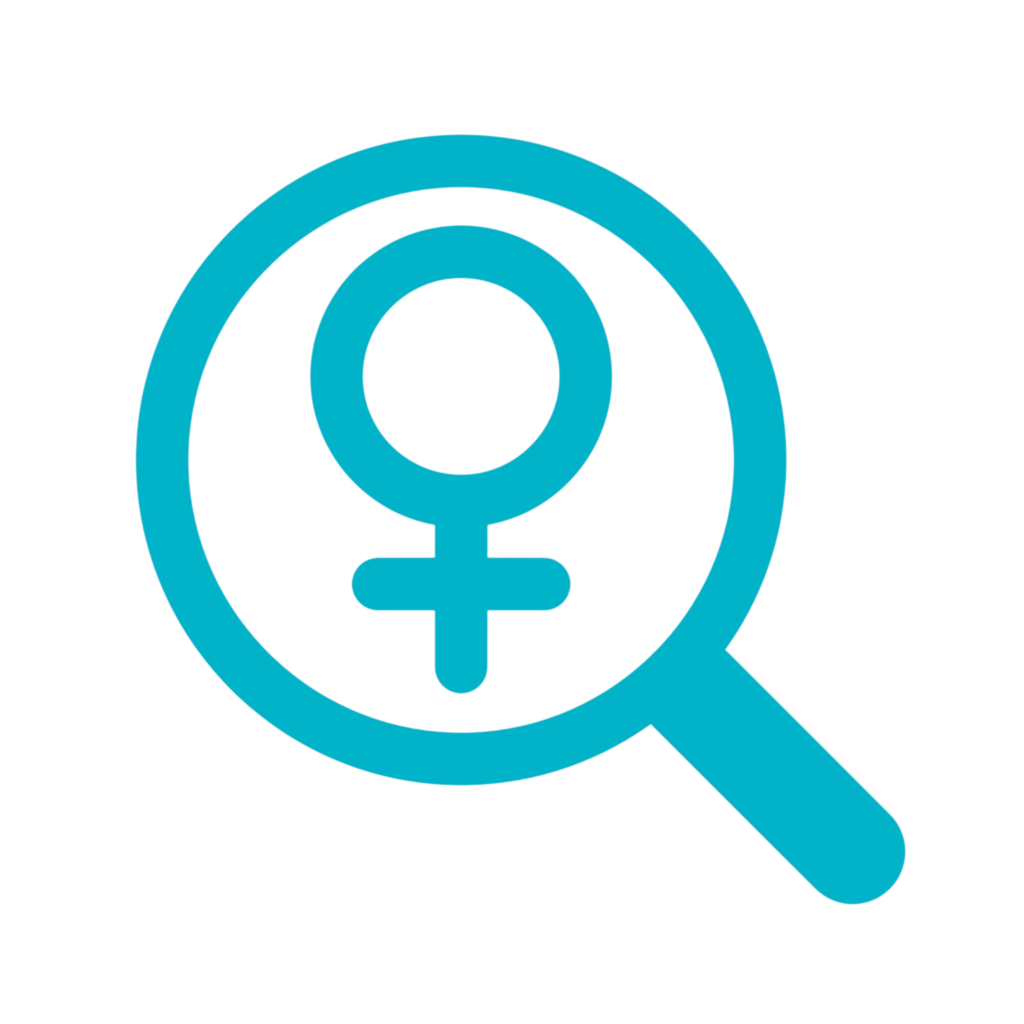 The logo of WENDY project. WENDY logo is a magnifying glass that studies a female gender symbol that consists of a circle with a small cross below it. The logo is turquoise.