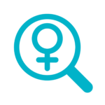 The logo of WENDY project. WENDY logo is a magnifying glass that studies a female gender symbol that consists of a circle with a small cross below it. The logo is turquoise.